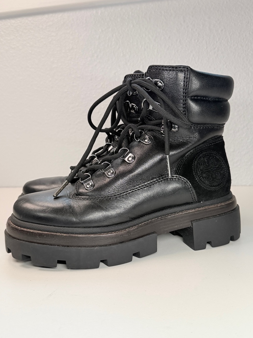 Tory Burch Miller Lug Hiker Boots Perfect Black Leather women size 6 m Moto